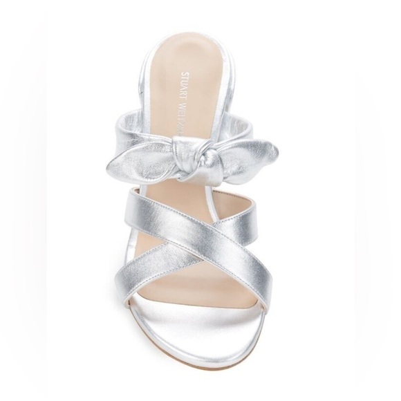 Stuart Weitzman $425 Bandeau‎ Metallic Slide Bow Sandal Silver Leather Sz 6 - Picture 3 of 9